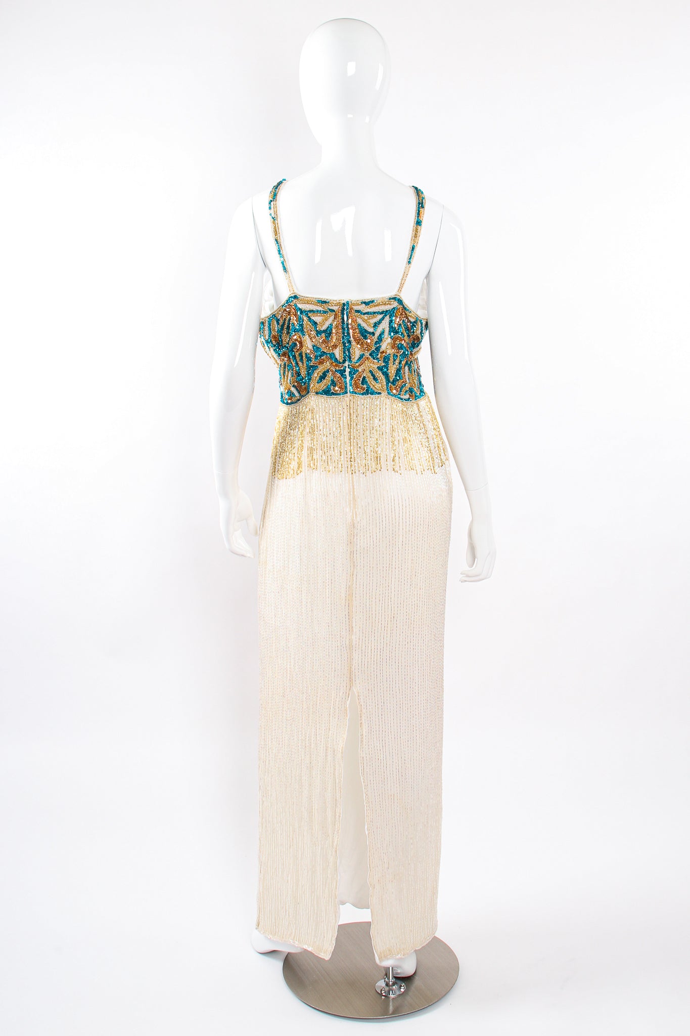 Vintage Sequins Originals Beaded Grecian Fringe Gown on Mannequin back at Recess Los Angeles