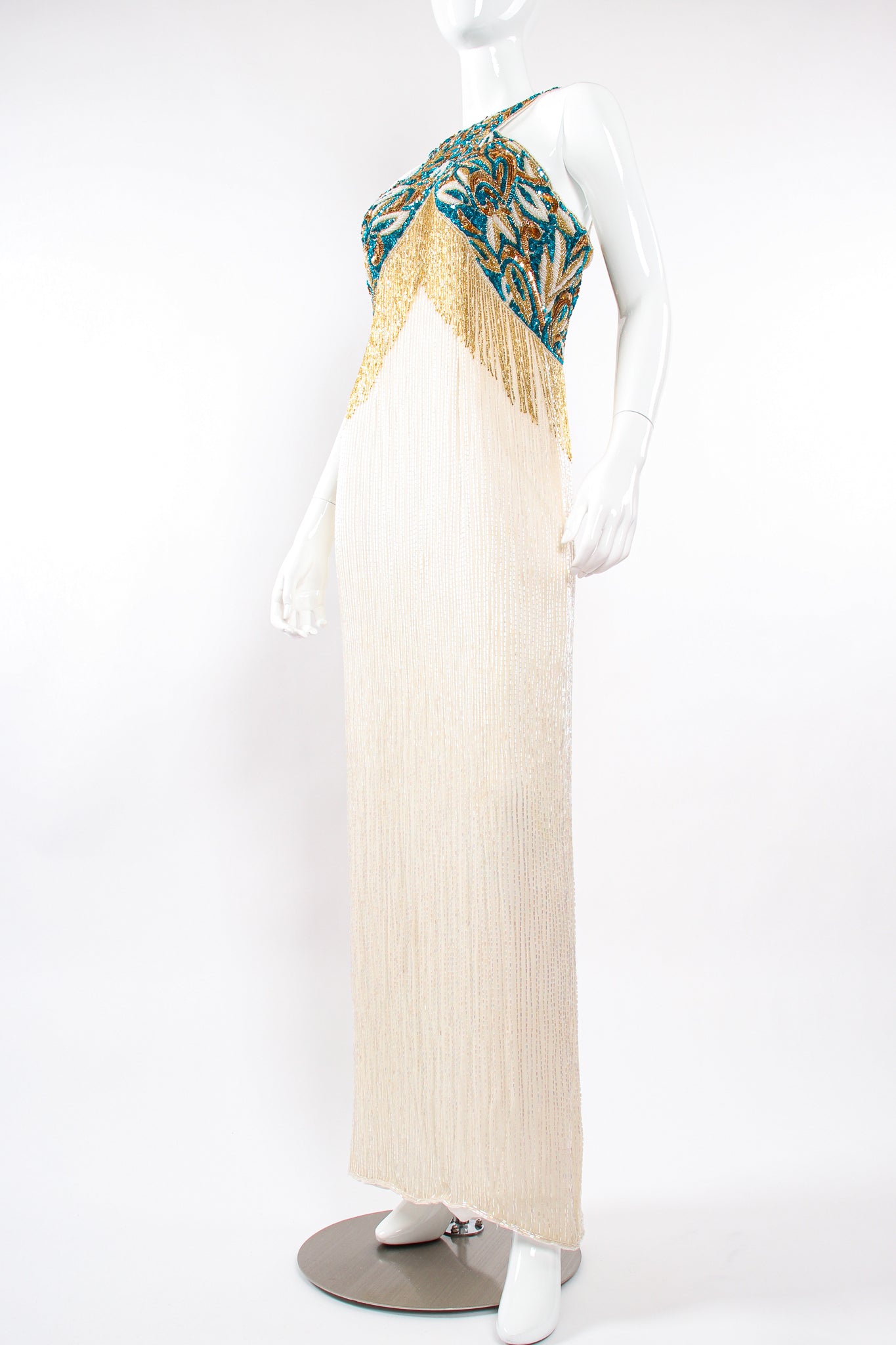 Vintage Sequins Originals Beaded Grecian Fringe Gown on Mannequin angle at Recess Los Angeles