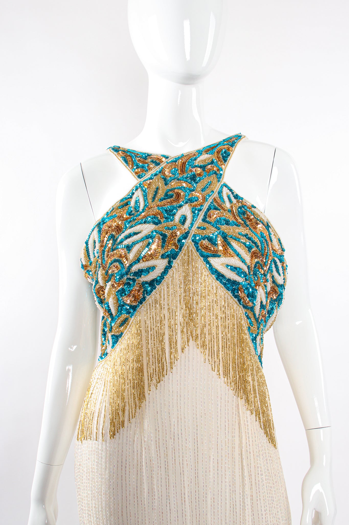 Vintage Sequins Originals Beaded Grecian Fringe Gown on Mannequin front crop at Recess Los Angeles