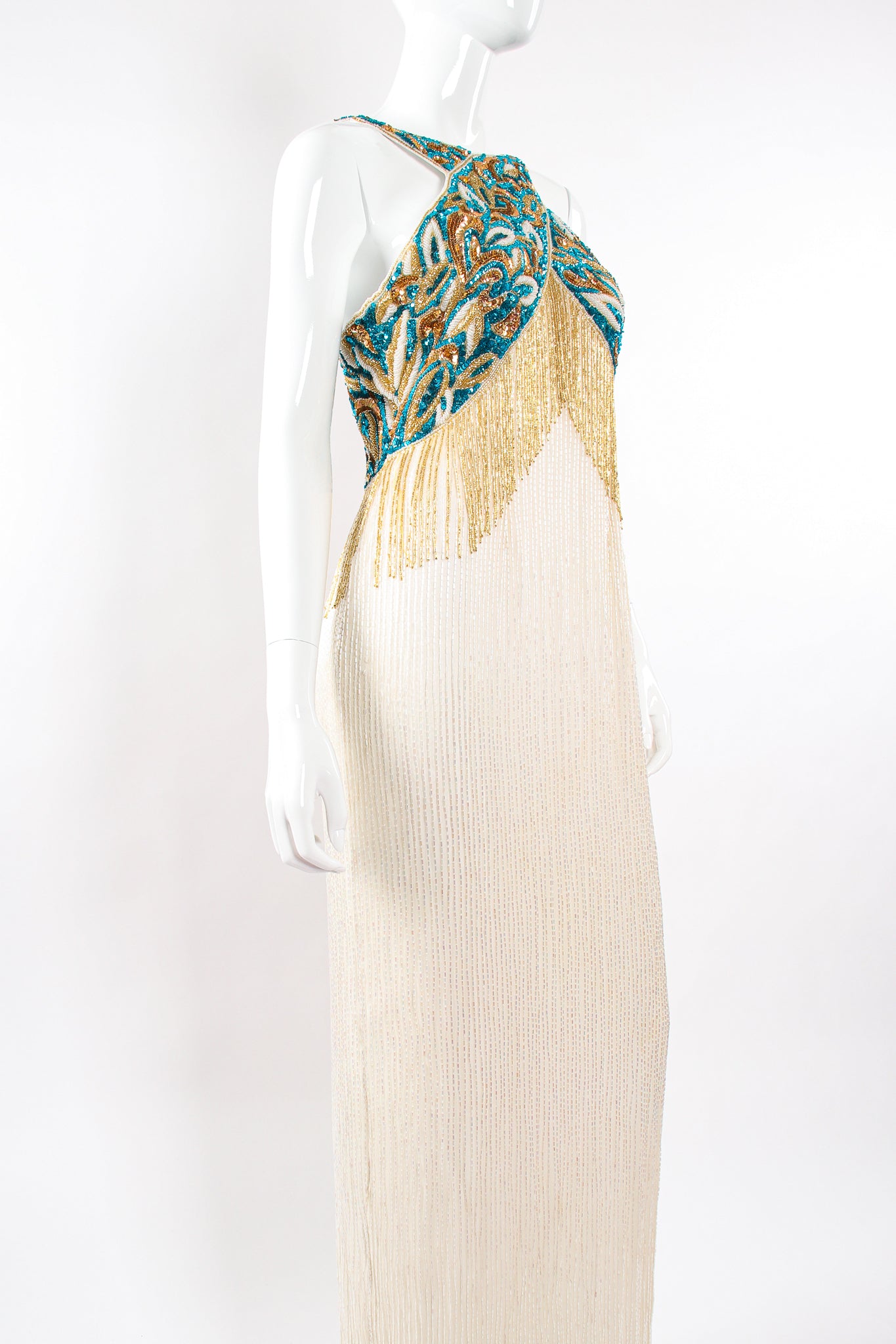Vintage Sequins Originals Beaded Grecian Fringe Gown on Mannequin angle at Recess Los Angeles