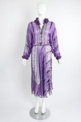 Vintage The Silk Farm Sheer Striped Ruffle Dress on Mannequin front open at Recess Los Angeles