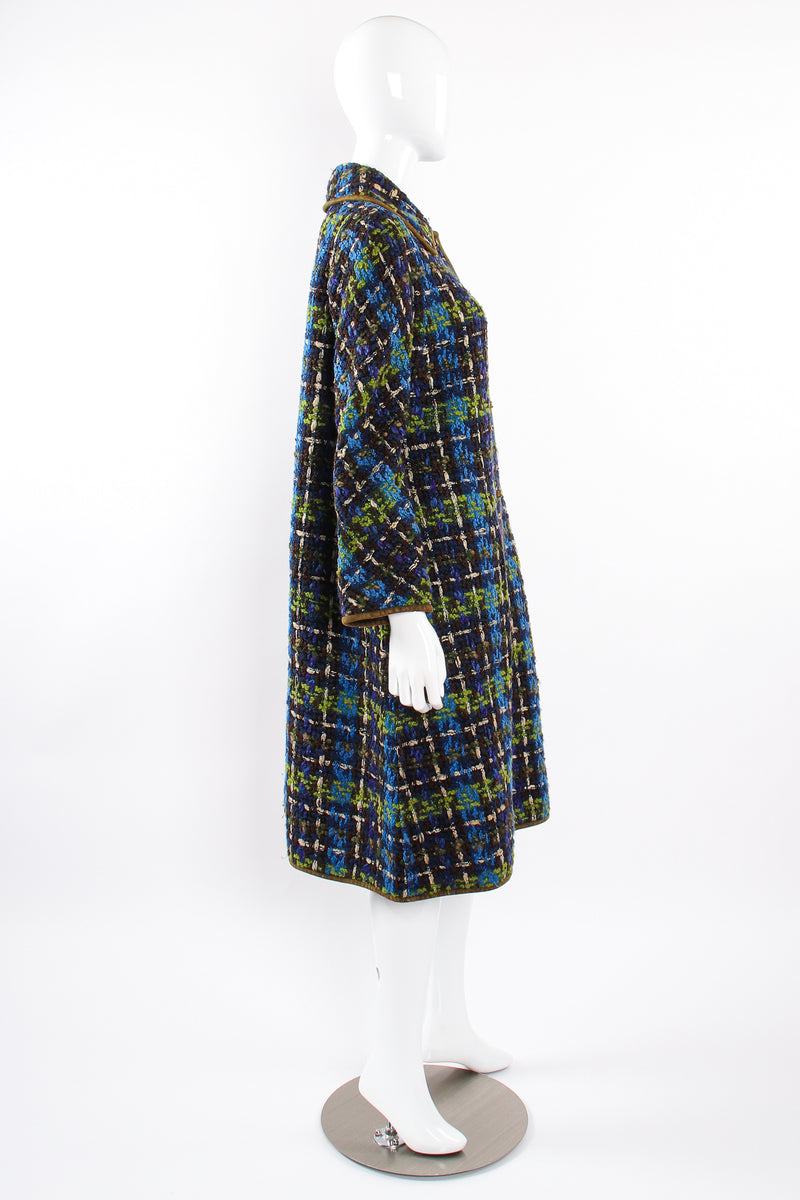 Vintage Sills Bonnie Cashin Plaid Tweed Blanket Coat on Mannequin side at Recess Los Angeles