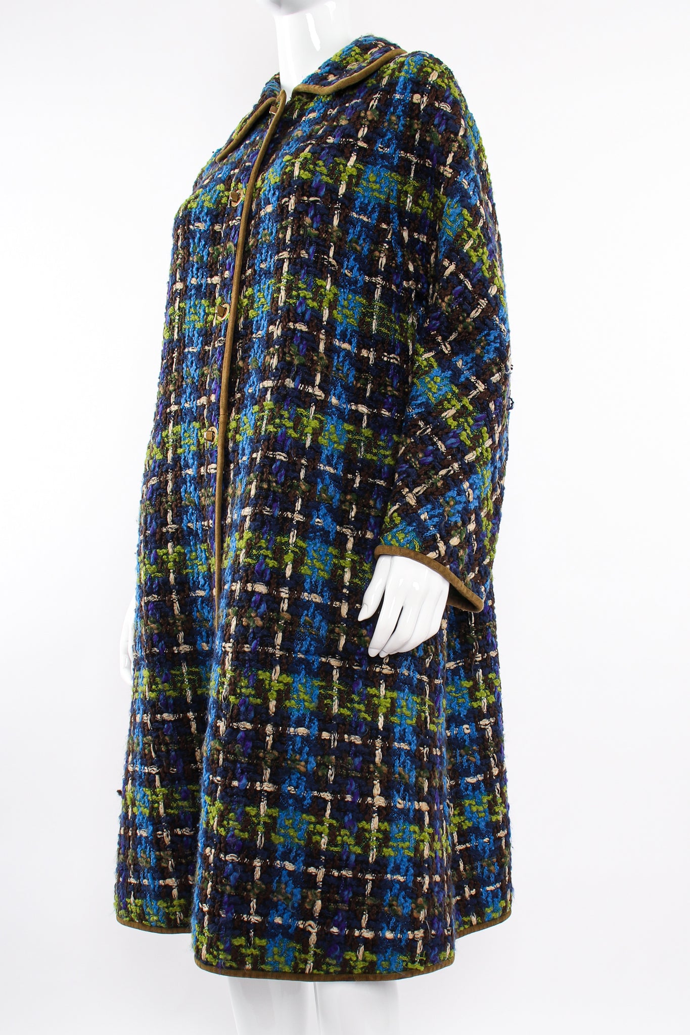 Vintage Sills Bonnie Cashin Plaid Tweed Blanket Coat on Mannequin angle at Recess Los Angeles