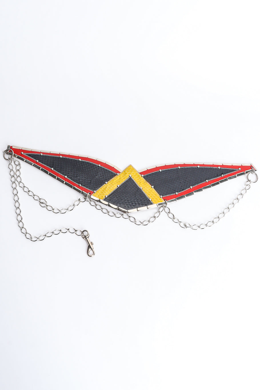 Geometric wing reptile leather belt with silver draped chain detail by Spira horizontal @recessla
