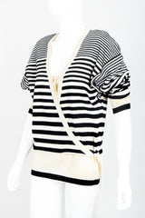 Vintage Sonia Rykiel White Stripe Knit Boyfriend Wrap Sweater on Mannequin angled at Recess