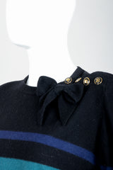 Vintage Sonia Rykiel Rainbow Striped Knit Bow Sweater on Mannequin neckline at Recess