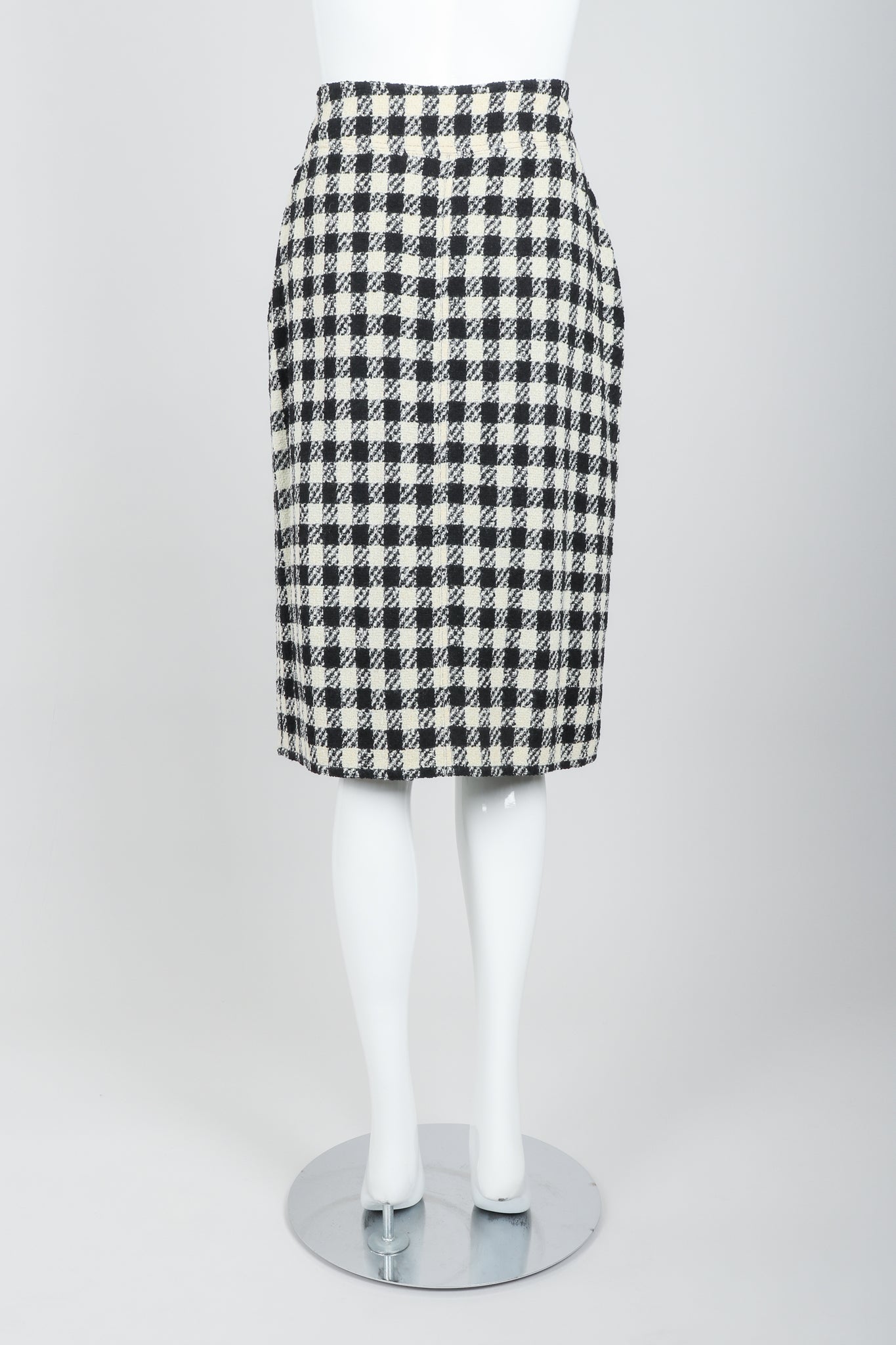 Vintage Sonia Rykiel Bouclé Buffalo Check Skirt Set on mannequin back at Recess