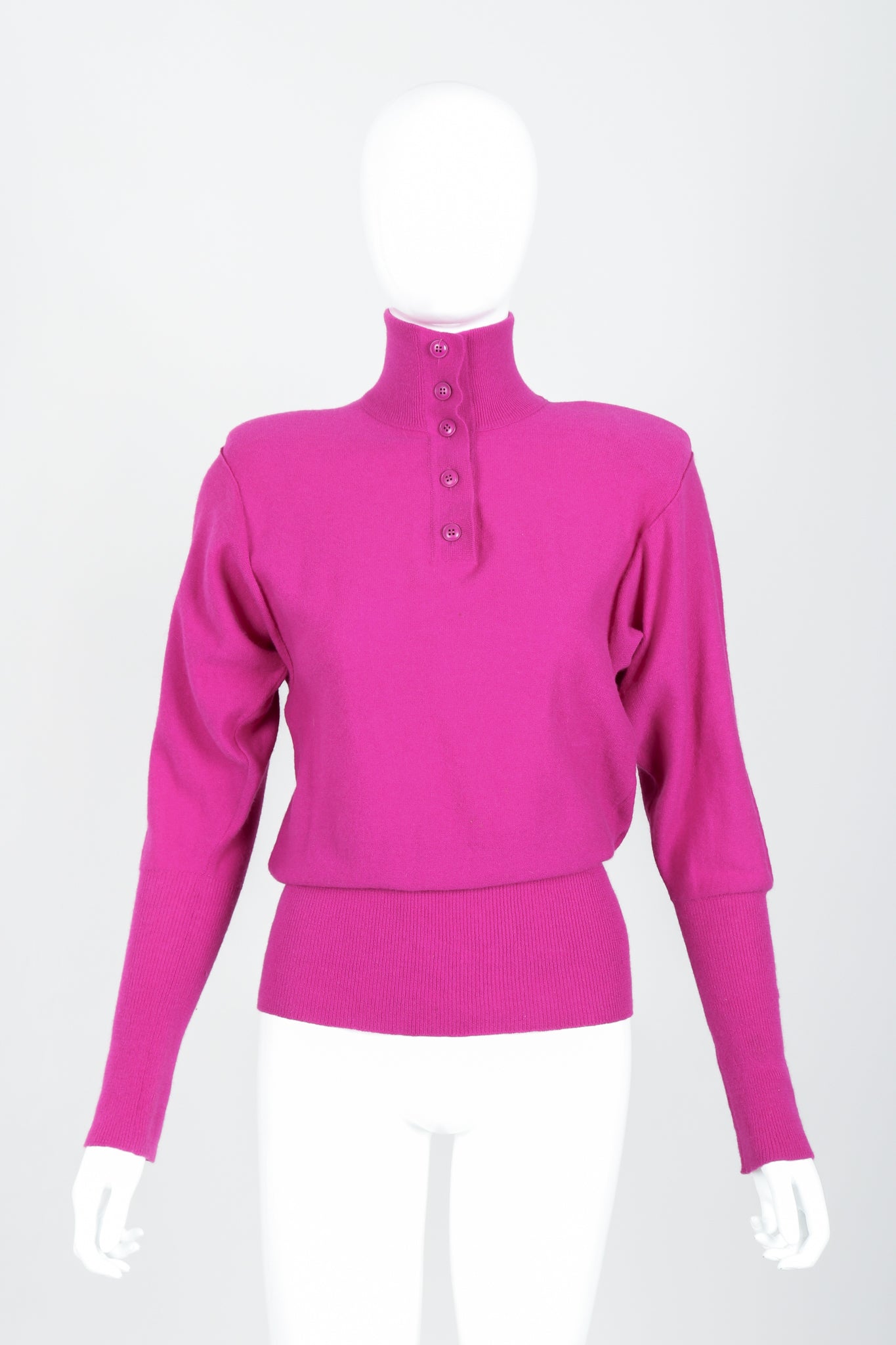 Vintage Sonia Rykiel Magenta Knit Popover Sweater on Mannequin Front Buttoned at Recess