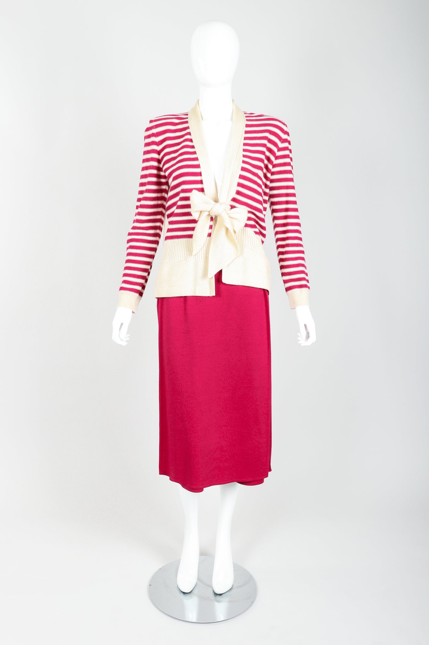 Vintage Sonia Rykiel Magenta Knit Sweater & Panel Short Skort Set on Mannequin front at Recess