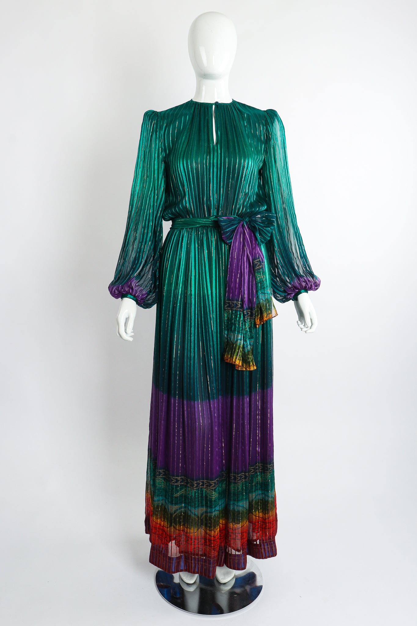 Vintage Soo Yung Lee Chiffon Rainbow Ombré Dress on Mannequin waist belt at Recess Los Angeles