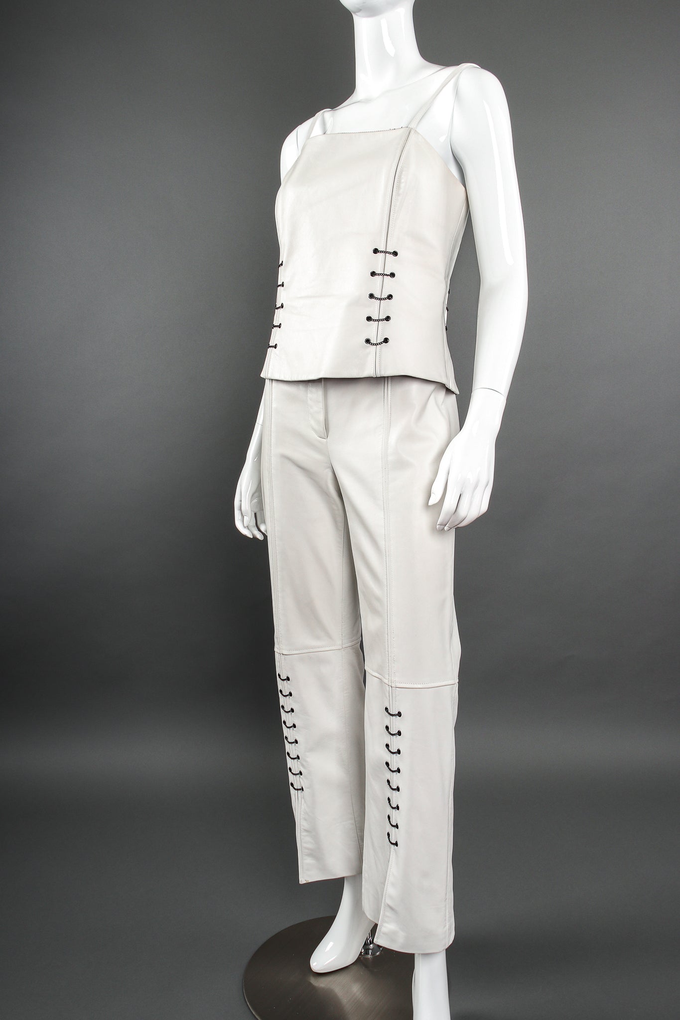 Vintage St. John Chained Leather Tank & Pant Set on mannequin angle at Recess LA