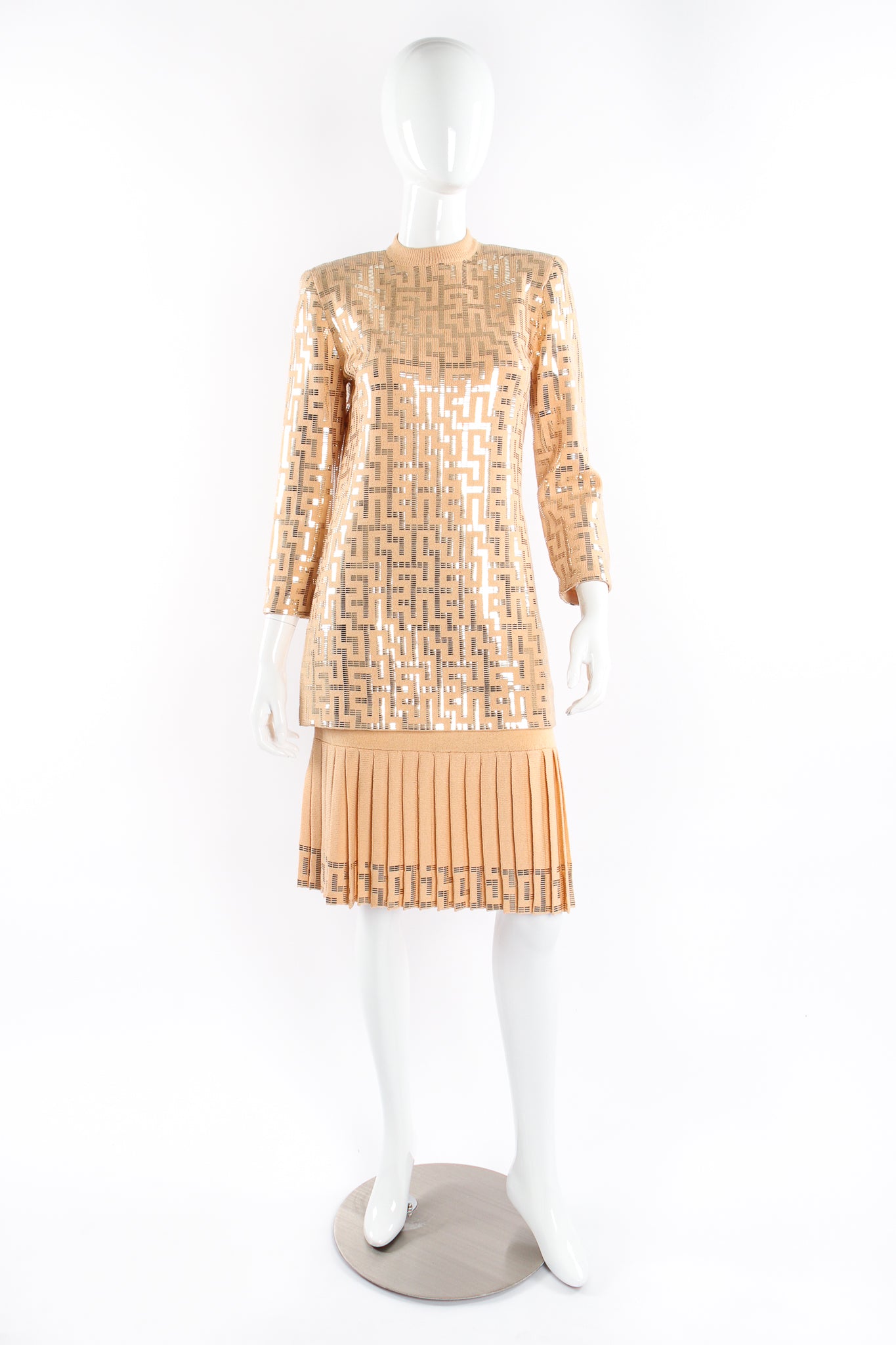 Vintage St. John Metallic Patterned Knit Tunic & Skirt Set on mannequin at Recess Los Angeles (back)