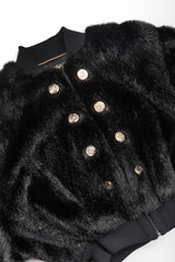 Recess Vintage St. John black faux fur bomber jacket, front button detail