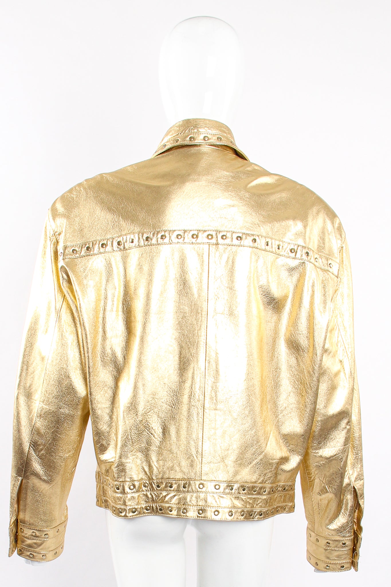 Vintage Suzelle Gold Leather Turnlock Jacket on Mannequin back at Recess Los Angeles