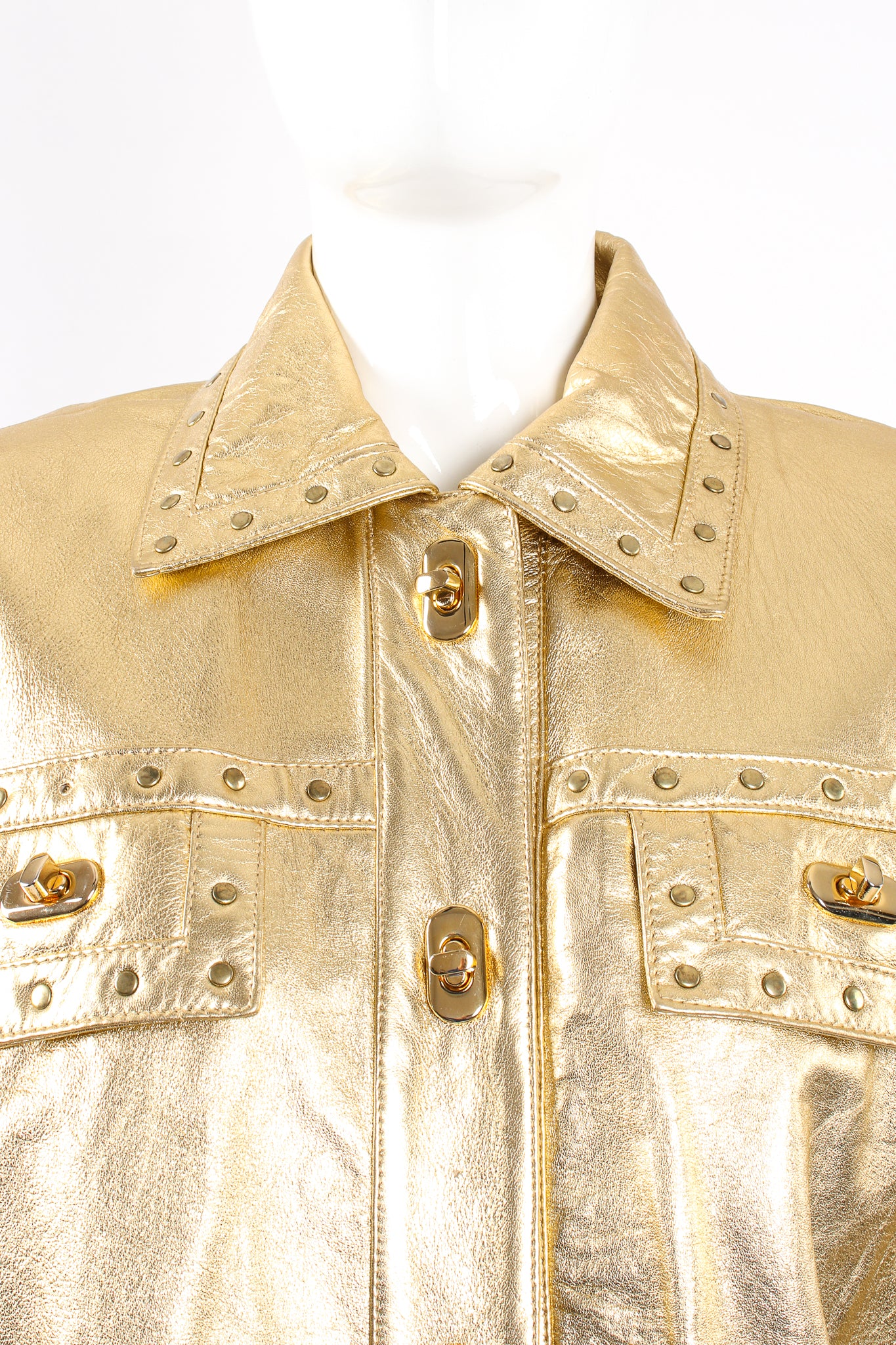 Vintage Suzelle Gold Leather Turnlock Jacket on Mannequin collar at Recess Los Angeles