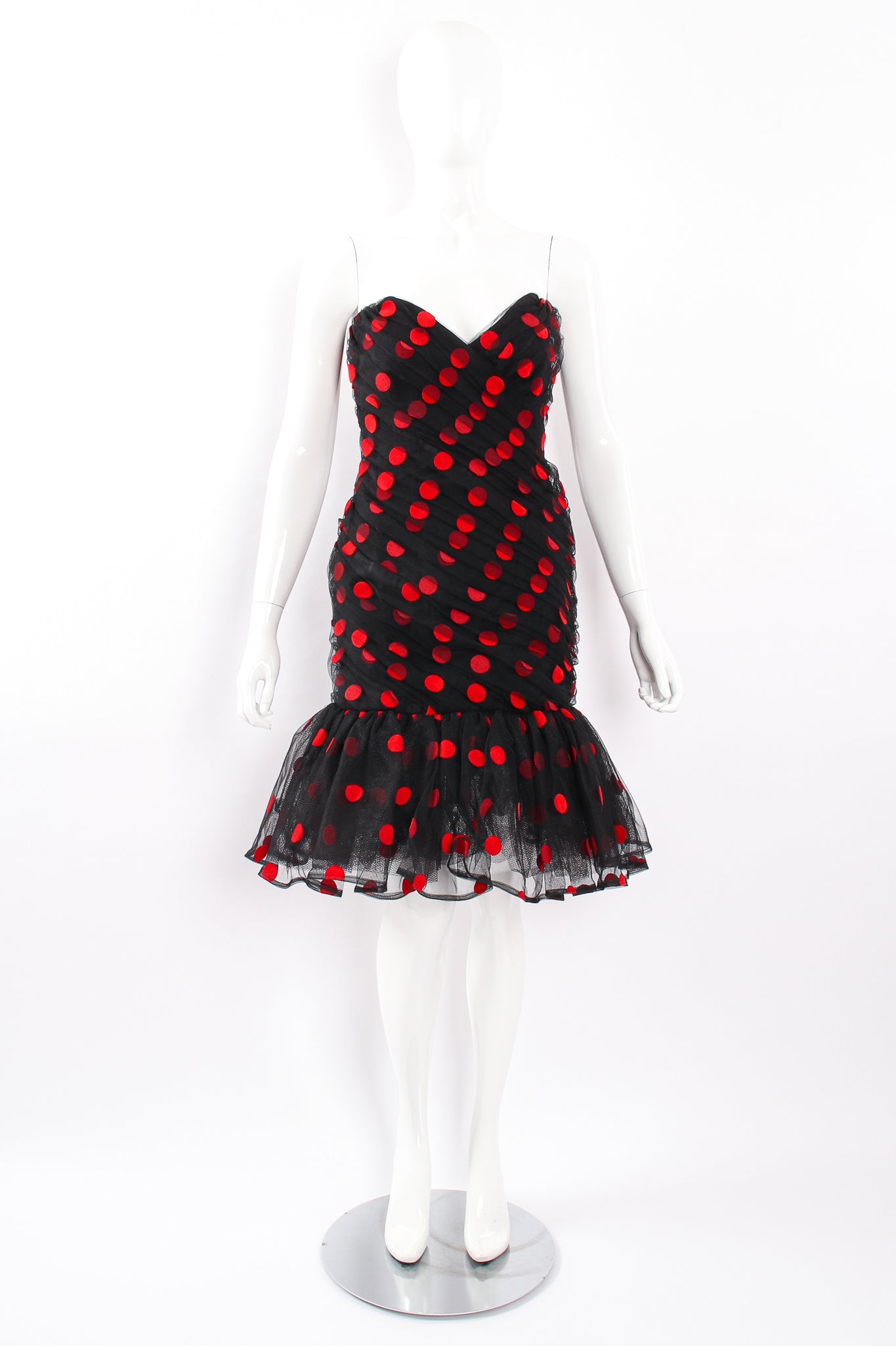 Vintage Tadashi Strapless Velvet Dot Mesh Dress on mannequin front at Recess Los Angeles