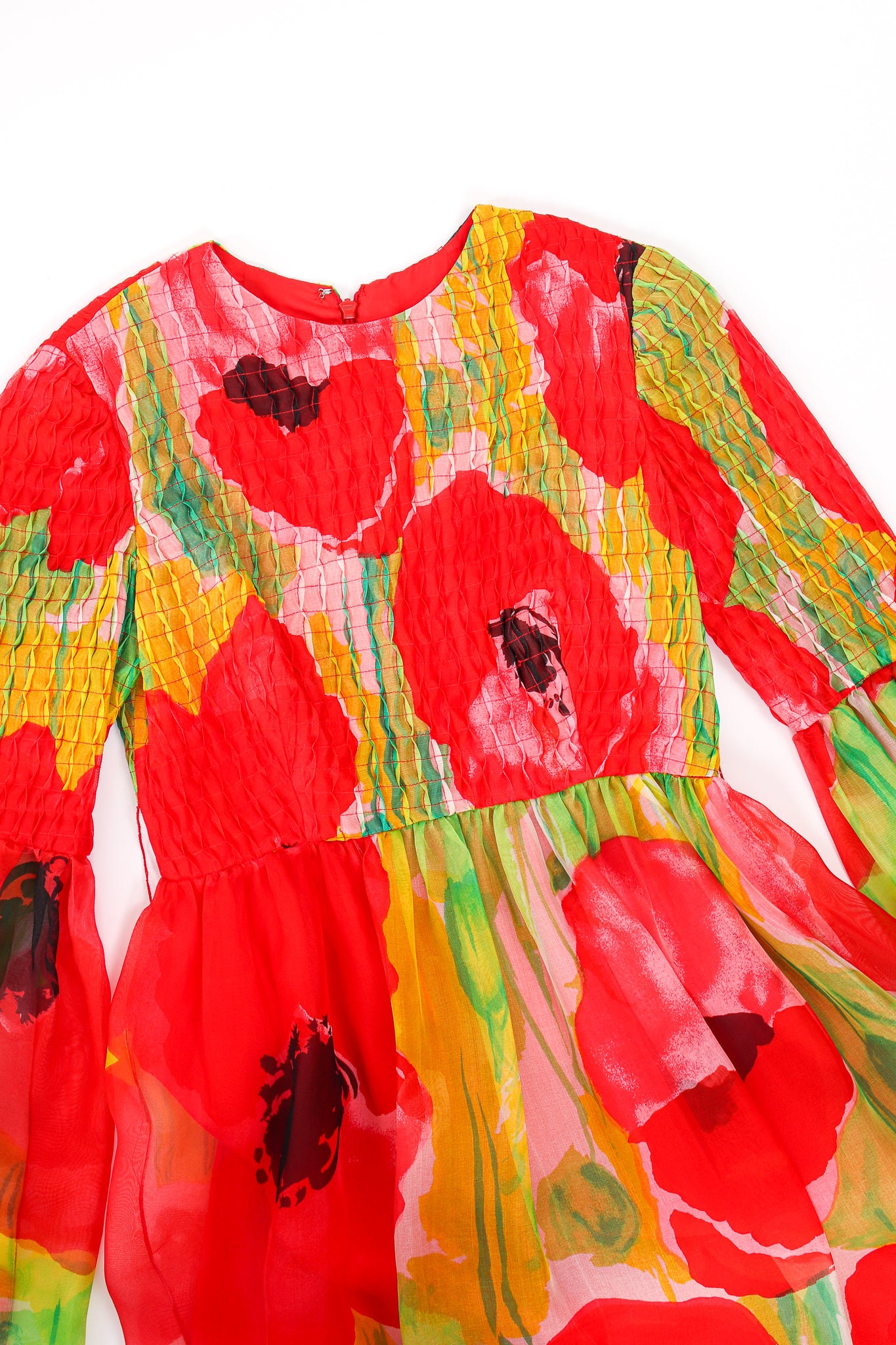 Vintage Teal Traina Silk Organza Watercolor Poppy Dress bodice at Recess Los Angeles