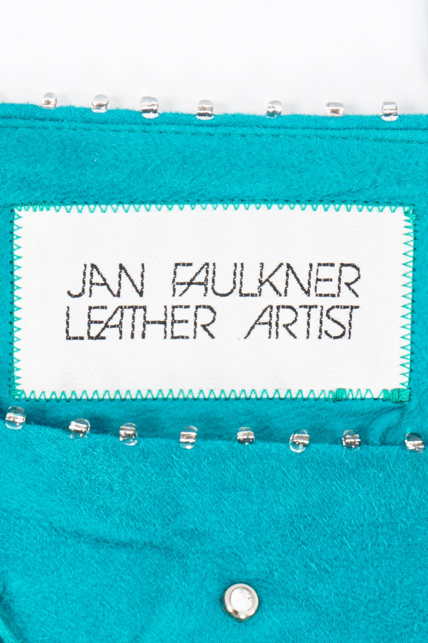Vintage Jan Faulkner Teal Suede Fringe Top & Pant Set label at Recess Los Angeles