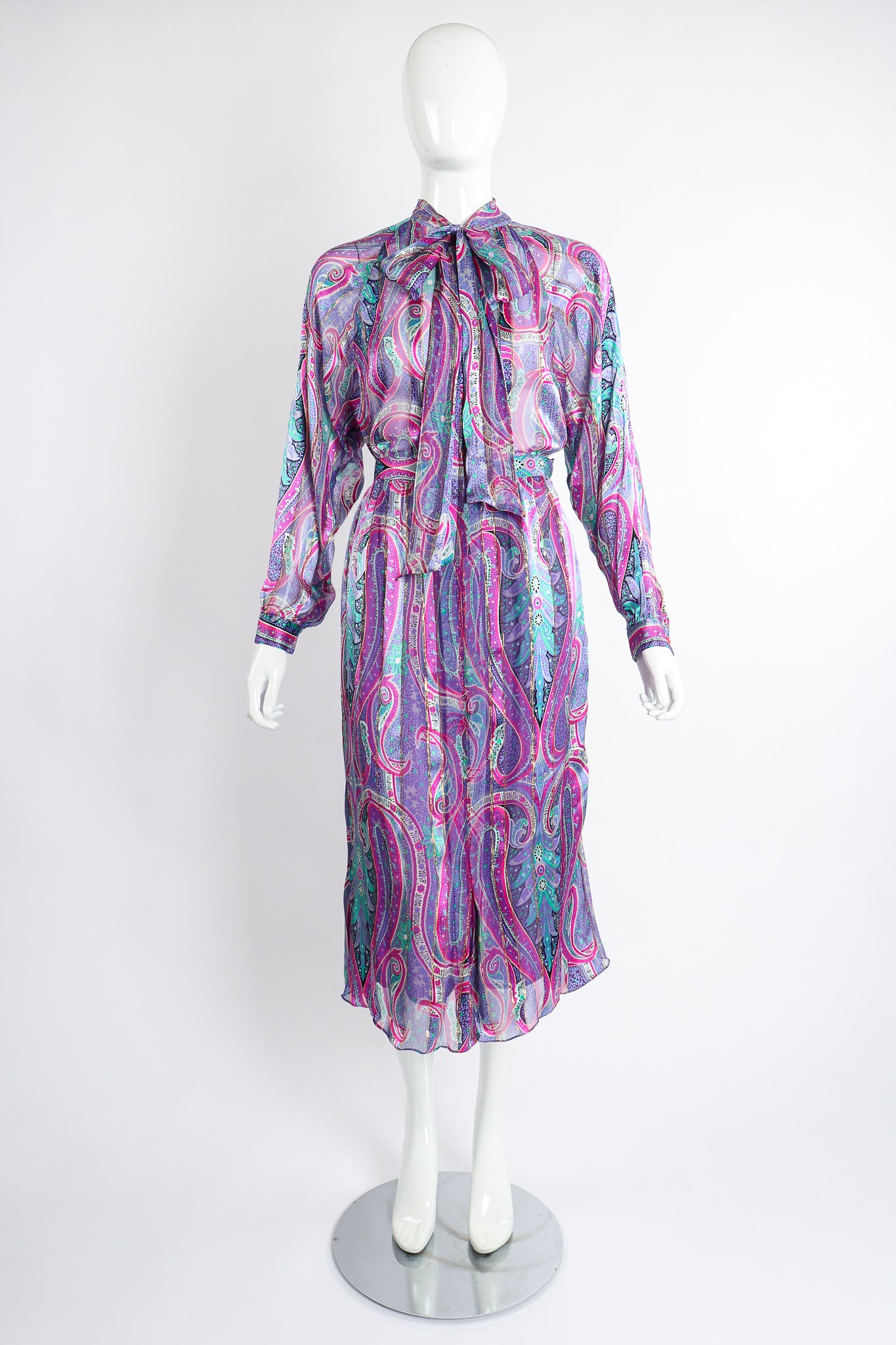 Vintage Silk Farm Sheer Paisley Blouse & Skirt Set on Mannequin front at Recess Los Angeles