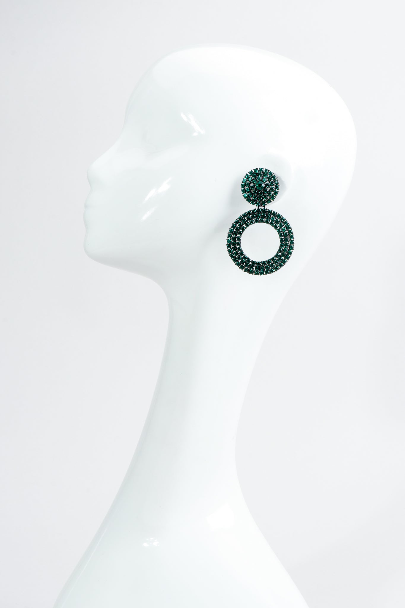 Vintage Thelma Deutsch Crystal Emerald Hoop Drop Earrings on Mannequin