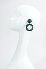 Vintage Thelma Deutsch Crystal Emerald Hoop Drop Earrings on Mannequin