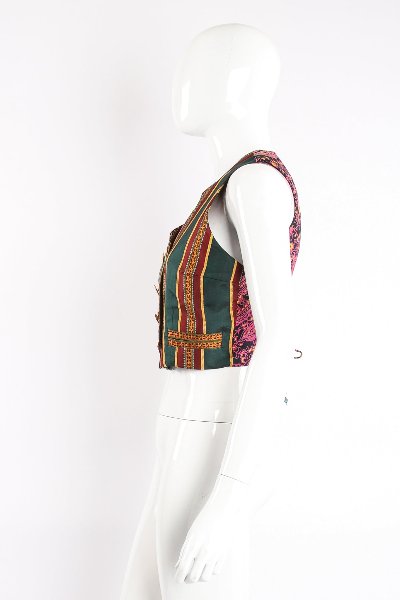 Vintage Todd Oldham Mixed Print Silk Vest on Mannequin side at Recess Los Angeles