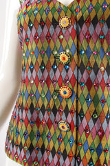Vintage Todd Oldham Rainbow Rhinestone Harlequin Vest on Mannequin buttons at Recess Los Angeles