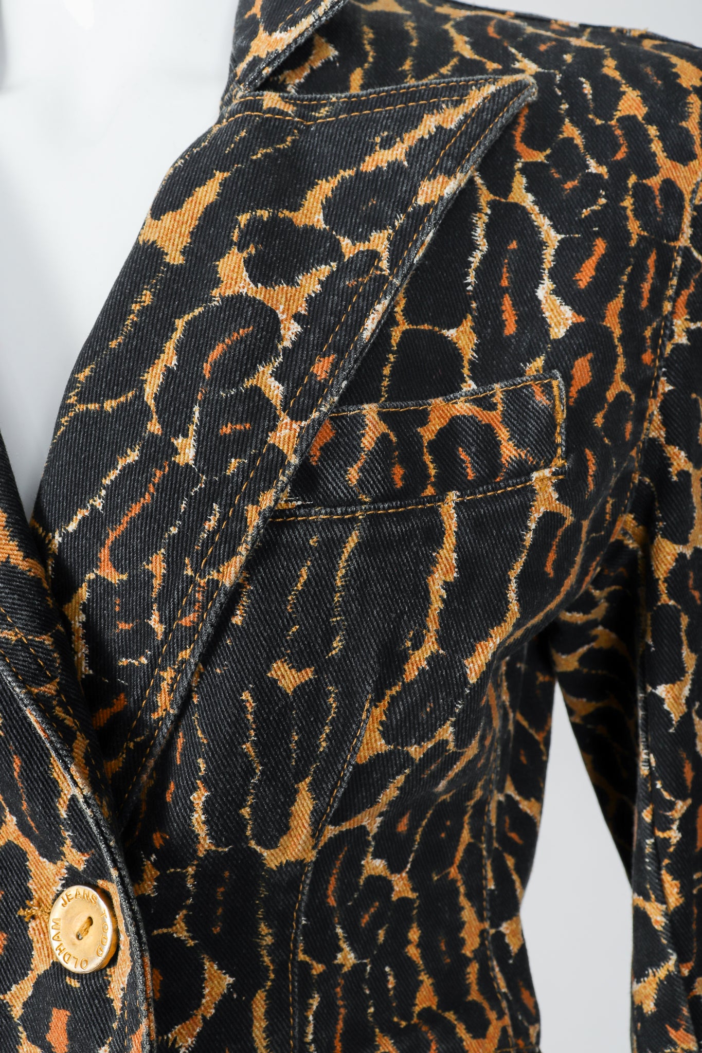Recess Vintage Todd Oldham Leopard Print Denim Jacket & Pant Suit Lapel Detail