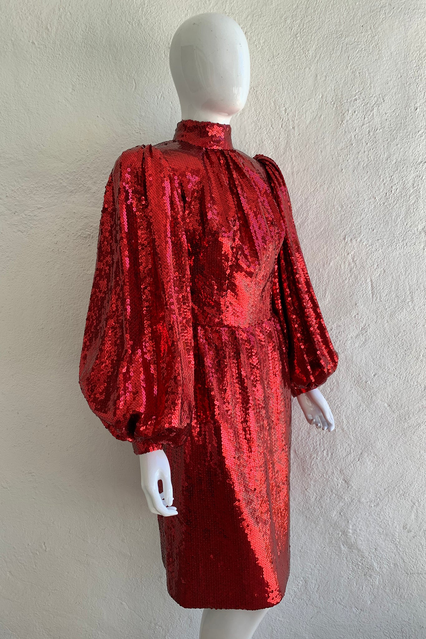 Vintage Touch of Paris by Carmen Zweig Sequin Balloon Sleeve Dress On Mannequin angle at Recess