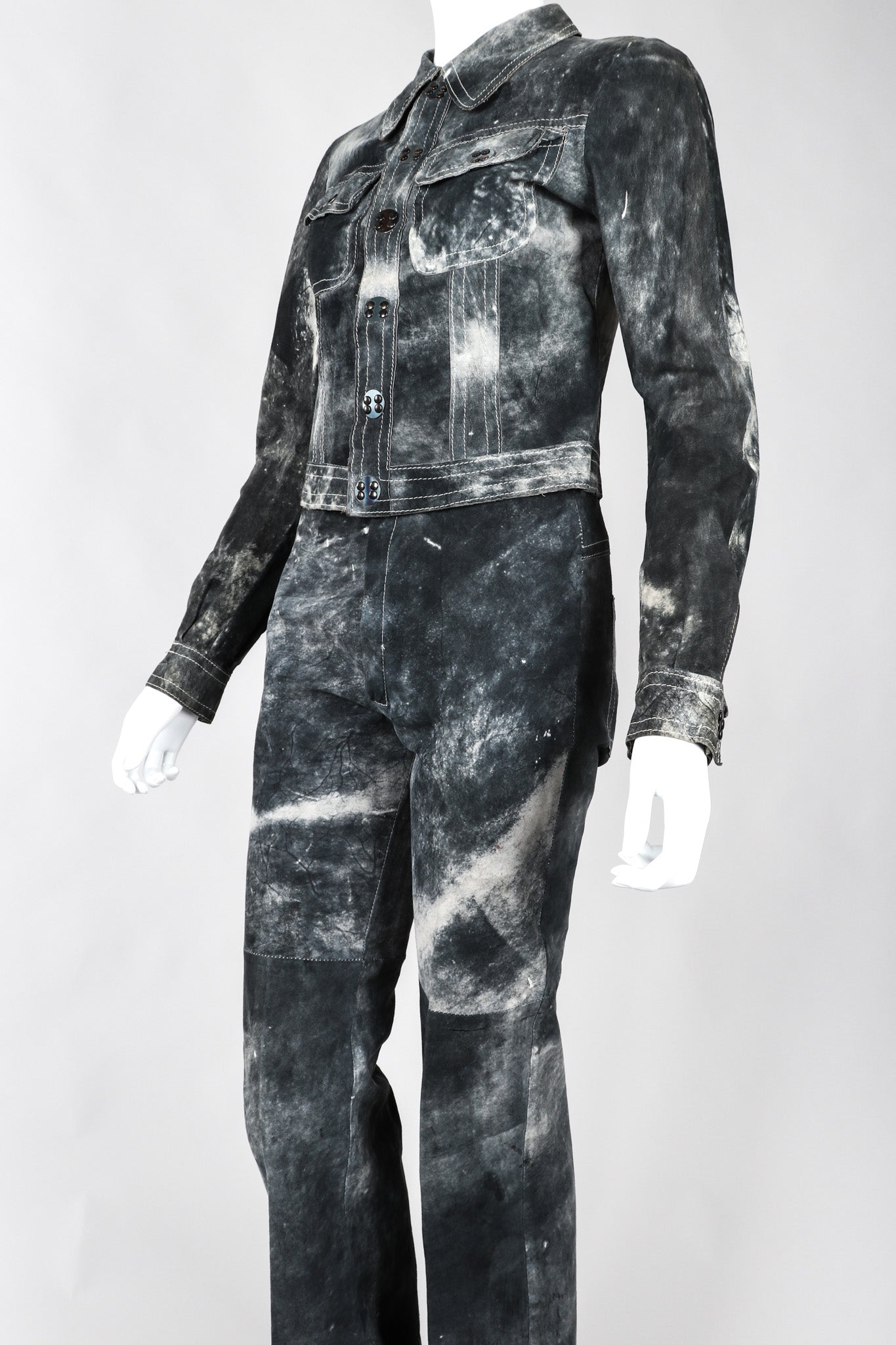 Recess Los Angeles Vintage Miura Ultimo Tie-Dye Suede Jacket Pants Set Metal Snap Buttons Grey