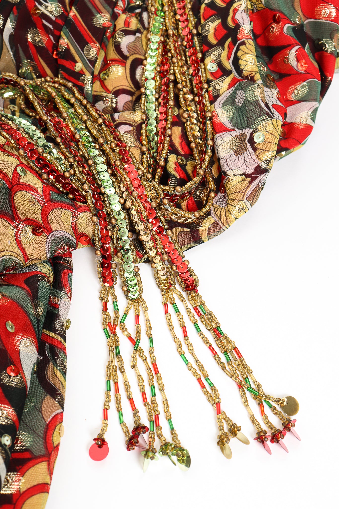 Vintage Valentina Belted Lamé Peacock Dress belt tassel detail at Recess Los Angeles