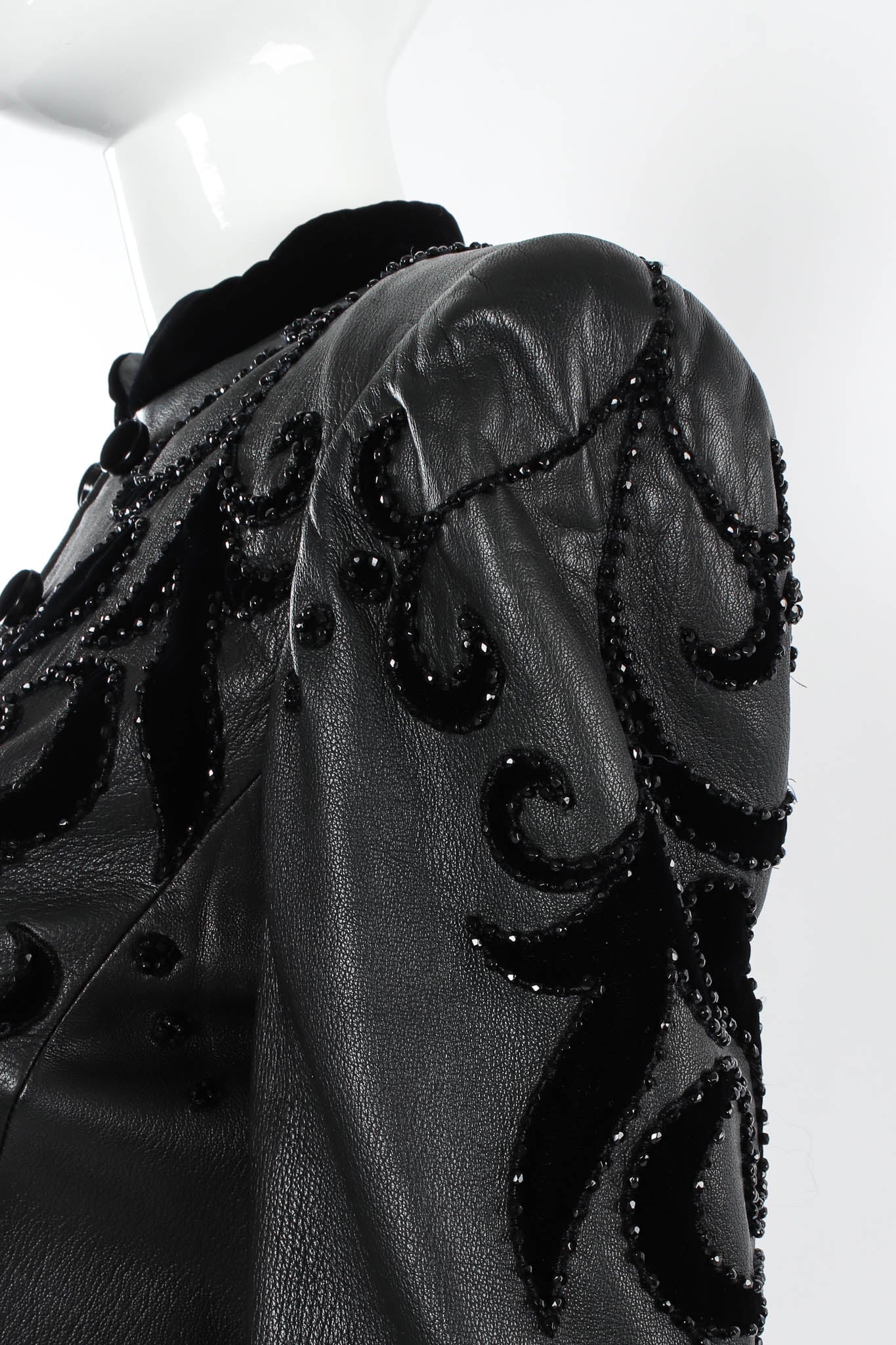 Vintage Valentino 1985 A/W Leather Fleur Beaded Top & Skirt Set mannequin shoulder detail @ Recess LA