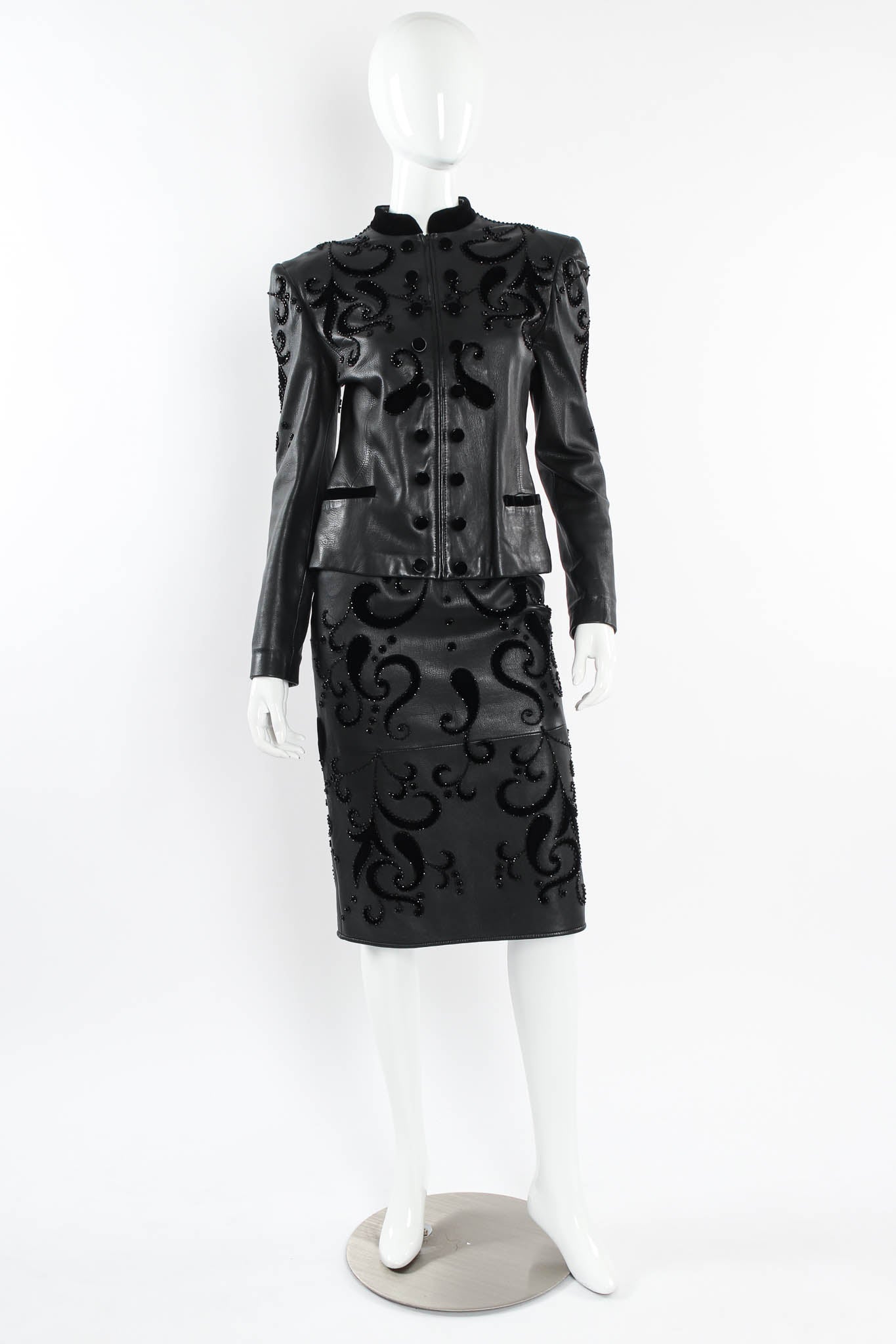 Vintage Valentino 1985 A/W Leather Fleur Beaded Top & Skirt Set mannequin front @ Recess LA