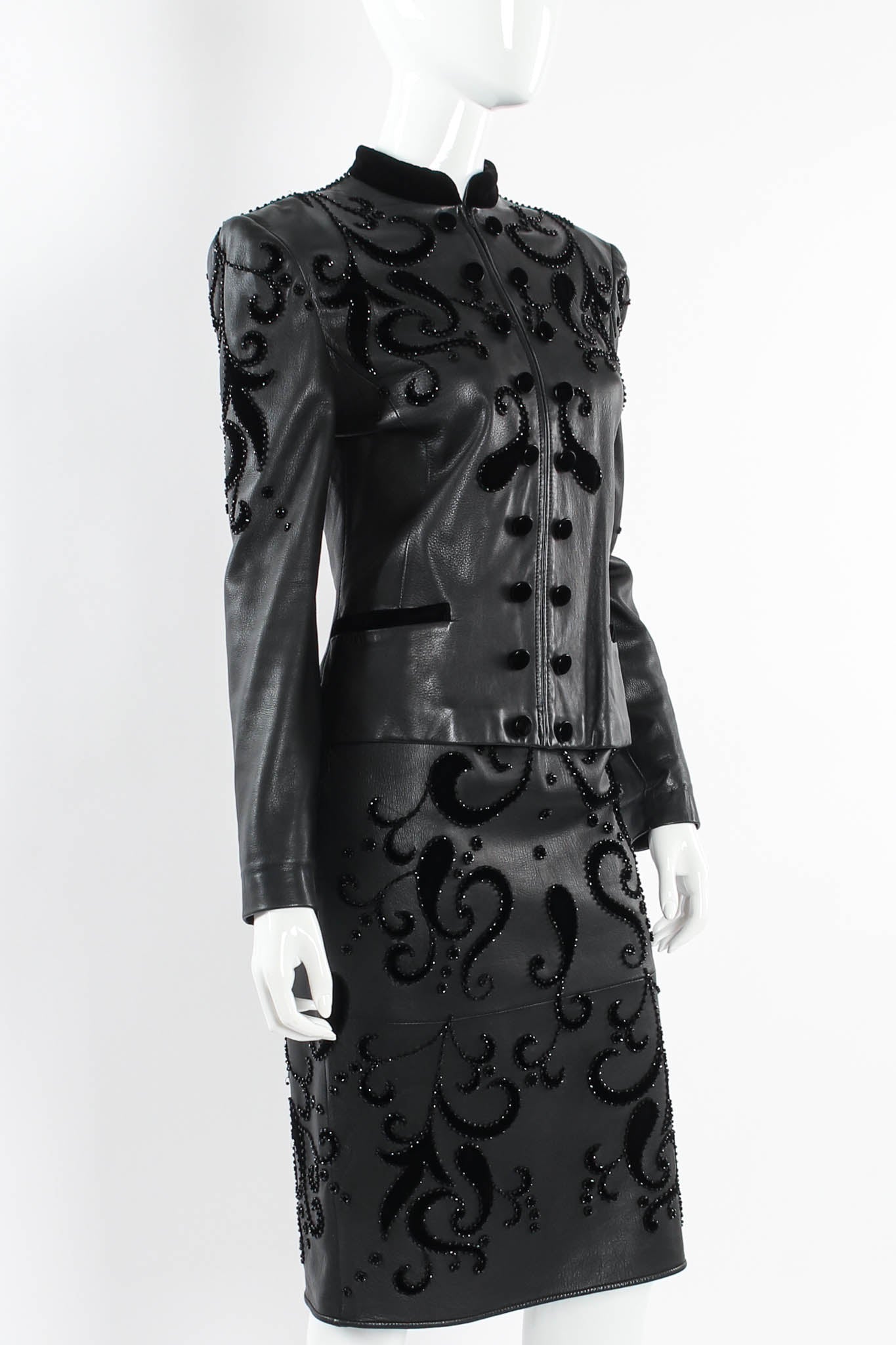 Vintage Valentino 1985 A/W Leather Fleur Beaded Top & Skirt Set mannequin close angle @ Recess LA