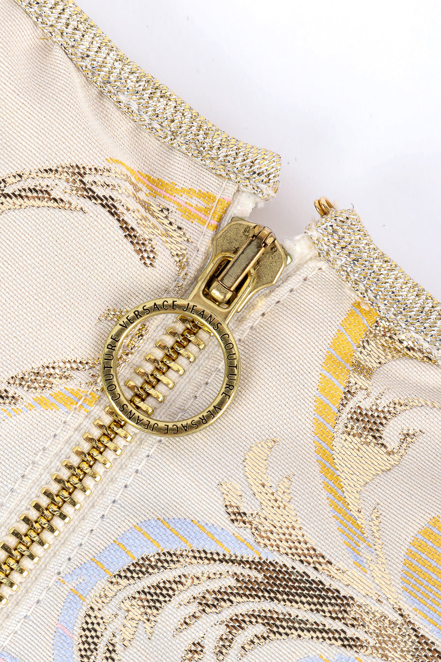 Structured gold lamé and venetian brocade design crop corset top by Versace zipper pull @recessla