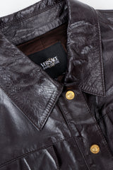Vintage Versace Jeans Couture Dark Chocolate Leather Jean Jacket collar detail at Recess