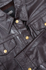 Vintage Versace Jeans Couture Dark Chocolate Leather Jean Jacket front detail at Recess