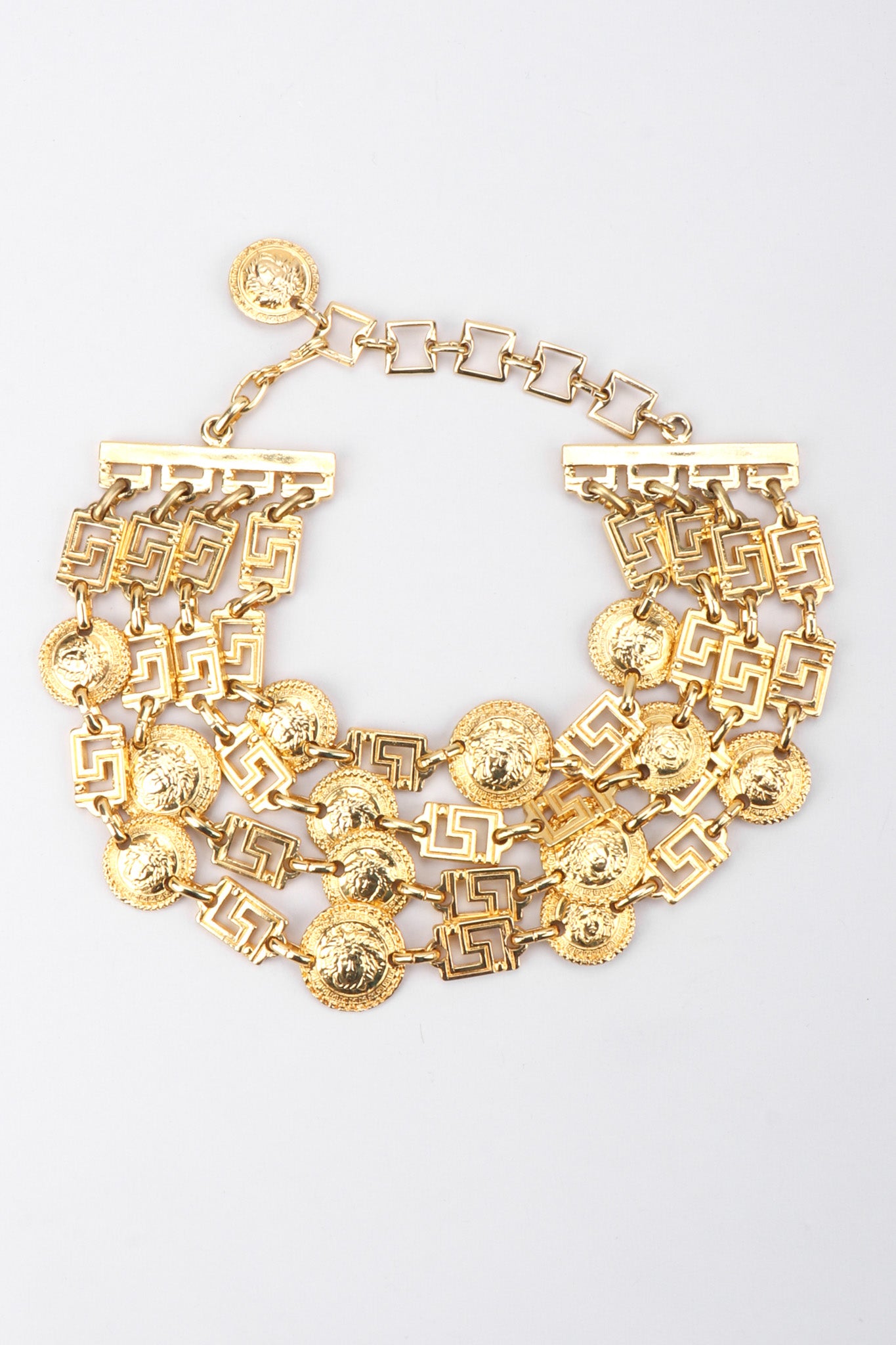 Recess Los Angeles Vintage Gianni Versace Gold Medusa Greek Key 4-Strand Choker Necklace