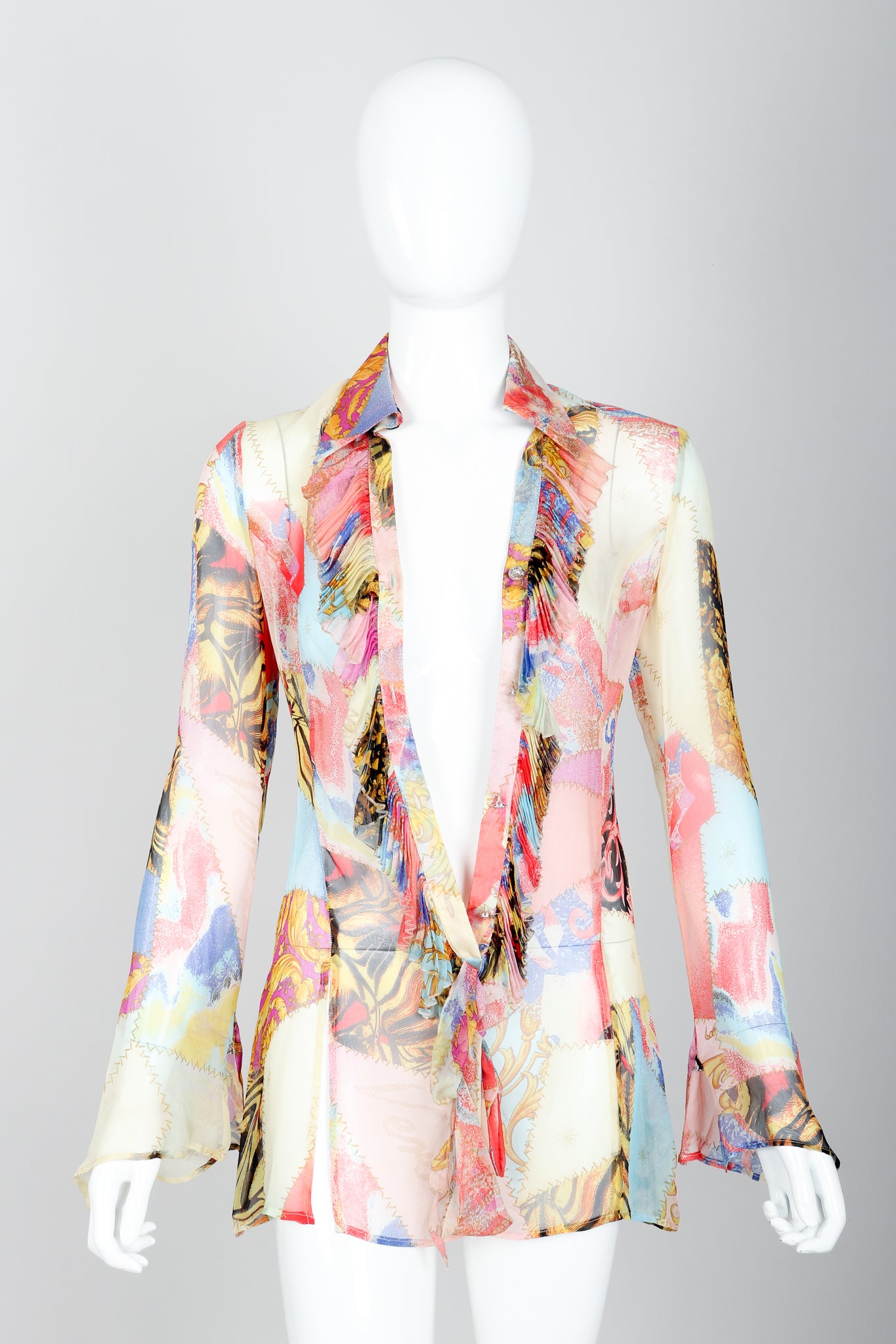 Vintage Versace Jeans Couture Chiffon Butterfly Print Ruffle Blouse on Mannequin open at Recess