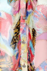 Vintage Versace Jeans Couture Chiffon Butterfly Print Ruffle Blouse button ruffle detail
