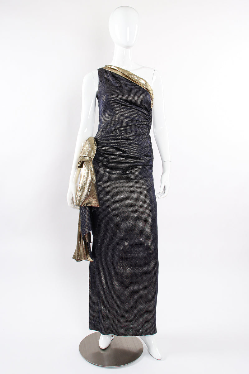 Vintage Vicky Tiel One Shoulder Metallic Dot Sheath Gown on Mannequin front at Recess LA