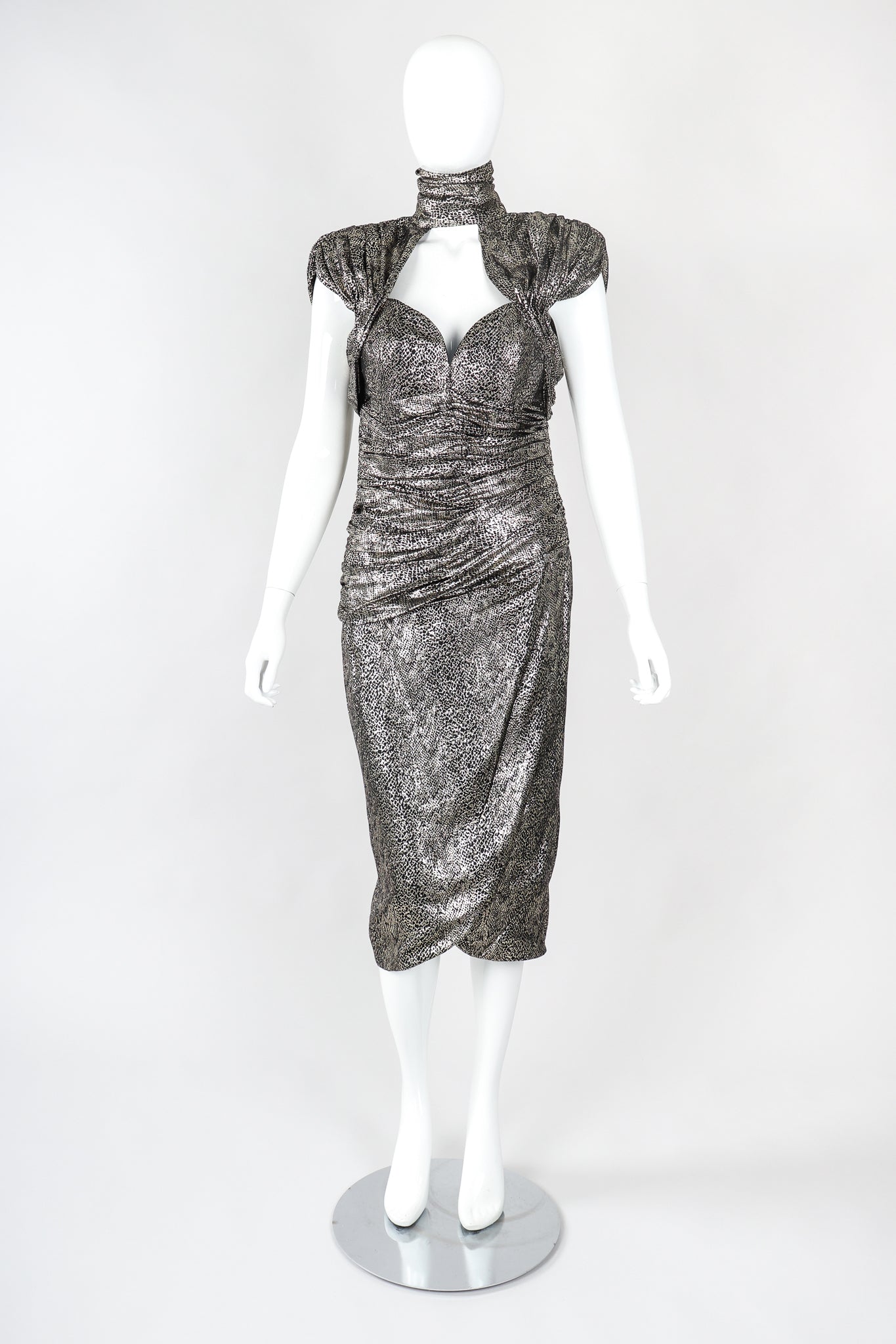 Recess Designer Consignment Vintage Vicky Tiel Metallic Gold Snake Lamé Choker Sweetheart Cutout Dress Los Angeles Resale