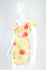 Recess Designer Consignment Vintage Vicky Tiel Floral Watercolor Off The Shoulder Corset Cocktail Dress