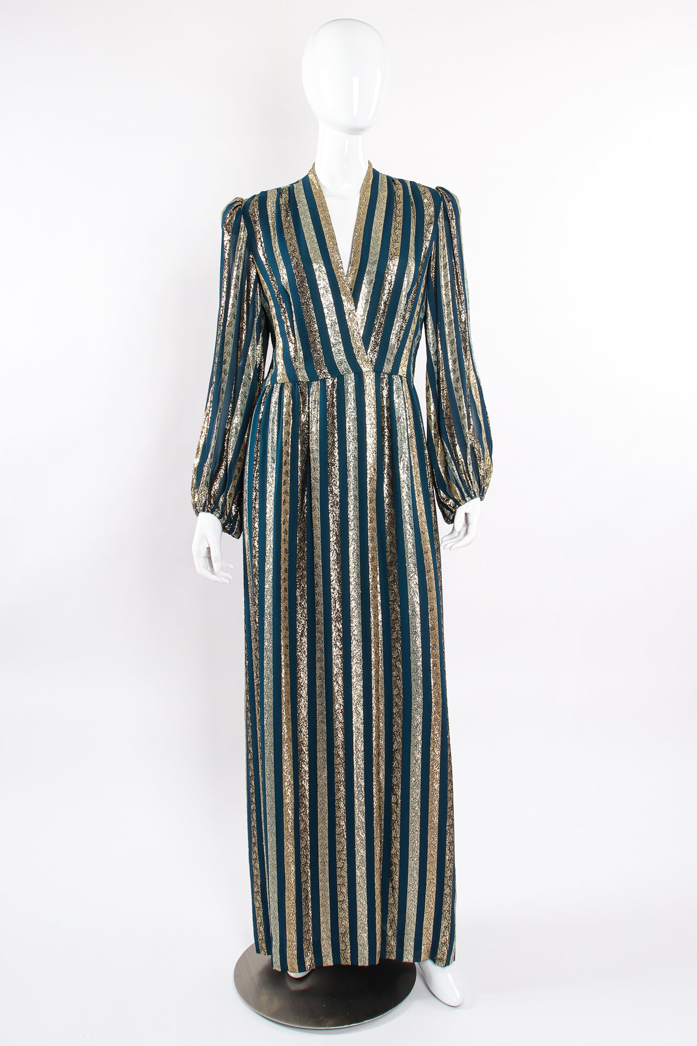 Vintage Victor Costa Metallic Ribbon Stripe Silk Gown on Mannequin front at Recess Los Angeles