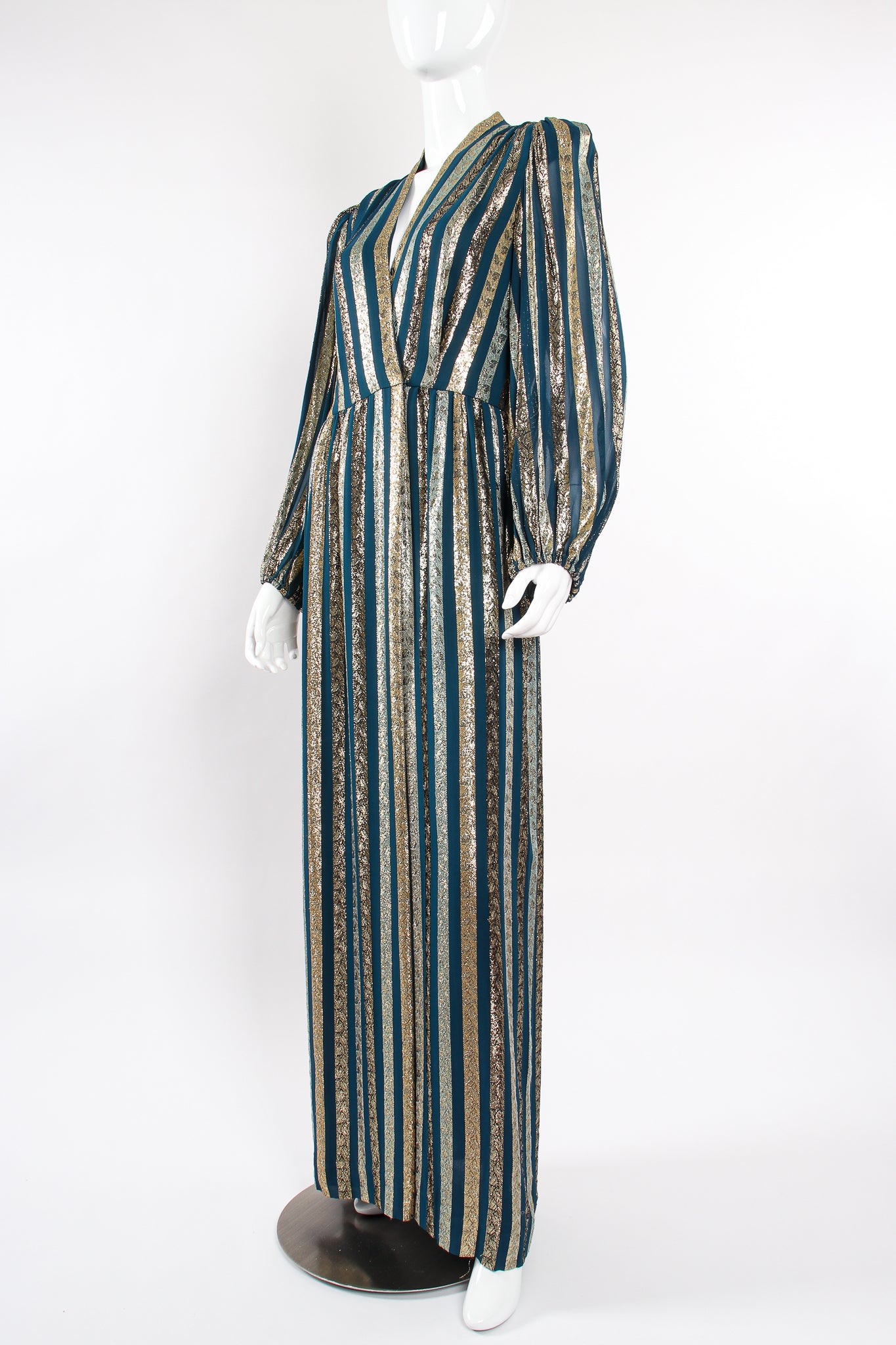 Vintage Victor Costa Metallic Ribbon Stripe Silk Gown on Mannequin angle at Recess Los Angeles