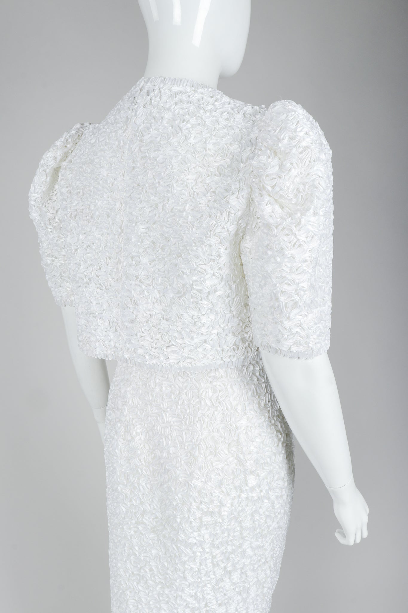 Victor Costa White Ribbon Lace Jacket and White Skirt, Back Angle on Mannequin at Recess