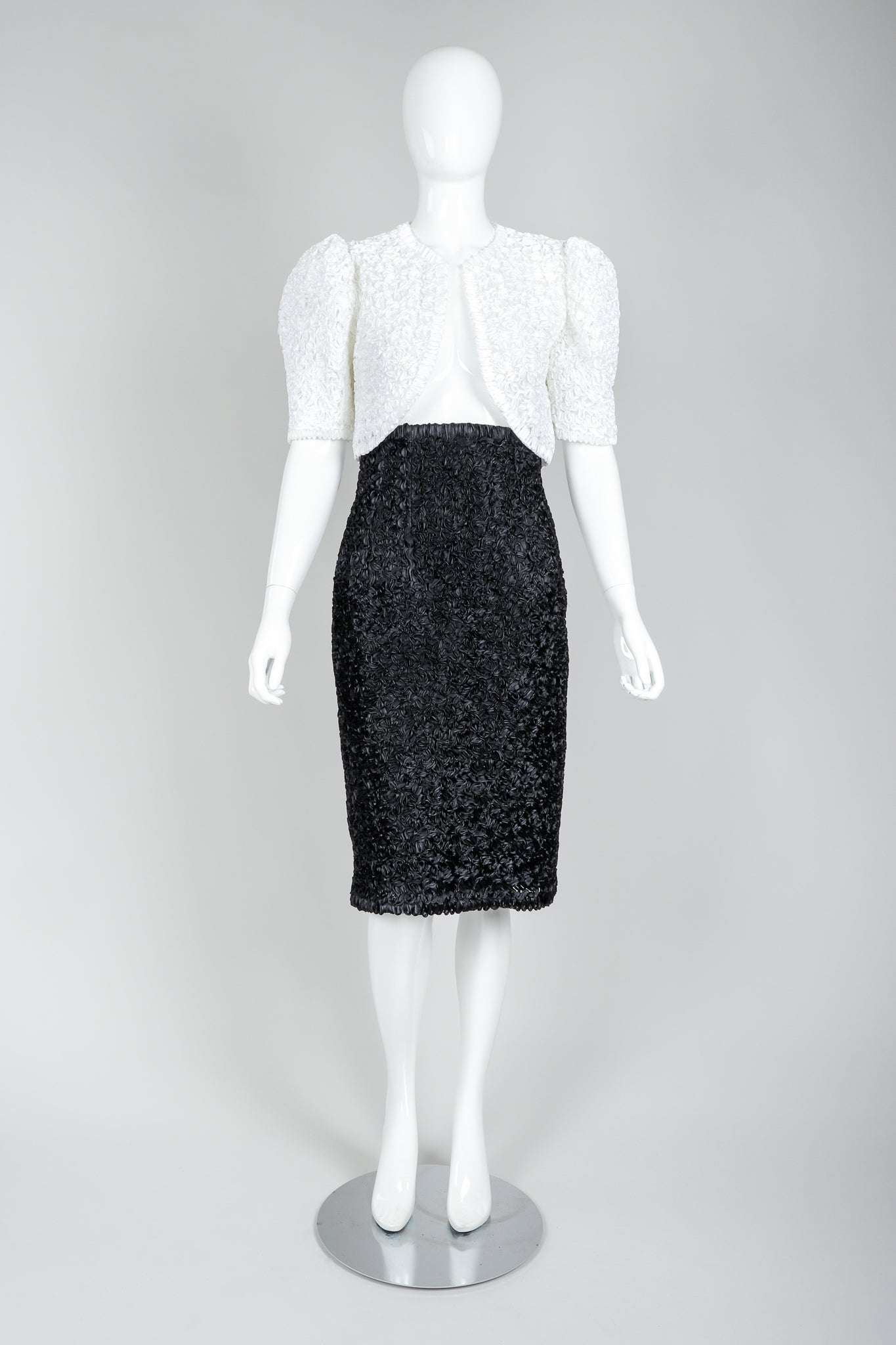 Vintage Victor Costa White Ribbon Lace Jacket and Black Skirt on Mannequin at Recess Los Angeles