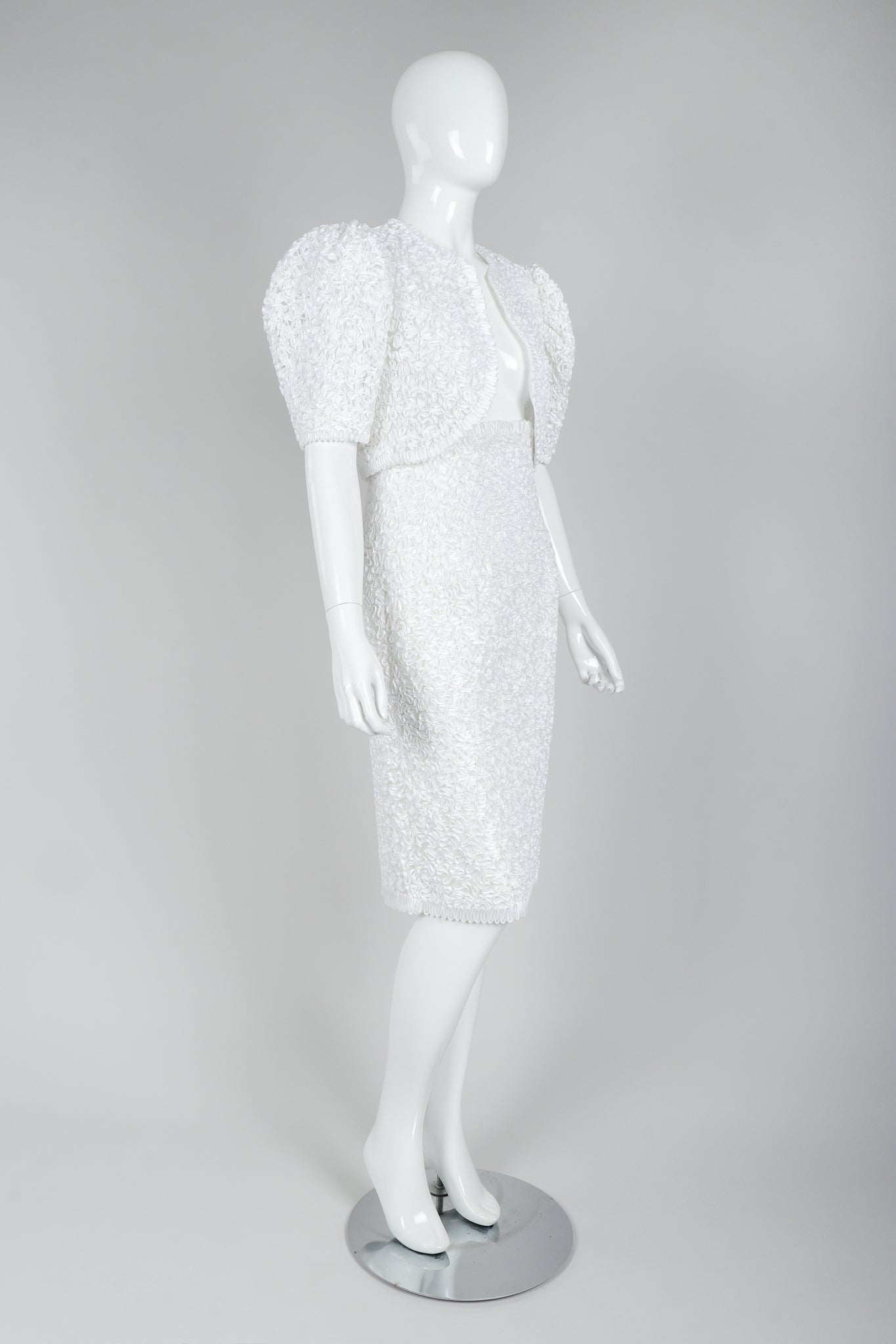 Victor Costa White Ribbon Lace Jacket and White Skirt, Front Angle on Mannequin at Recess