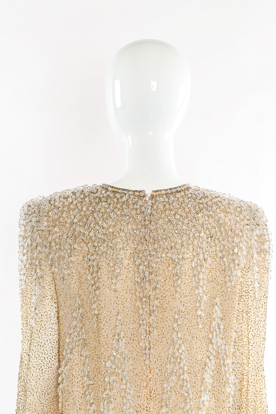 Beaded champagne silk shift dress by Victoria Royal Back View Close-up. @recessla