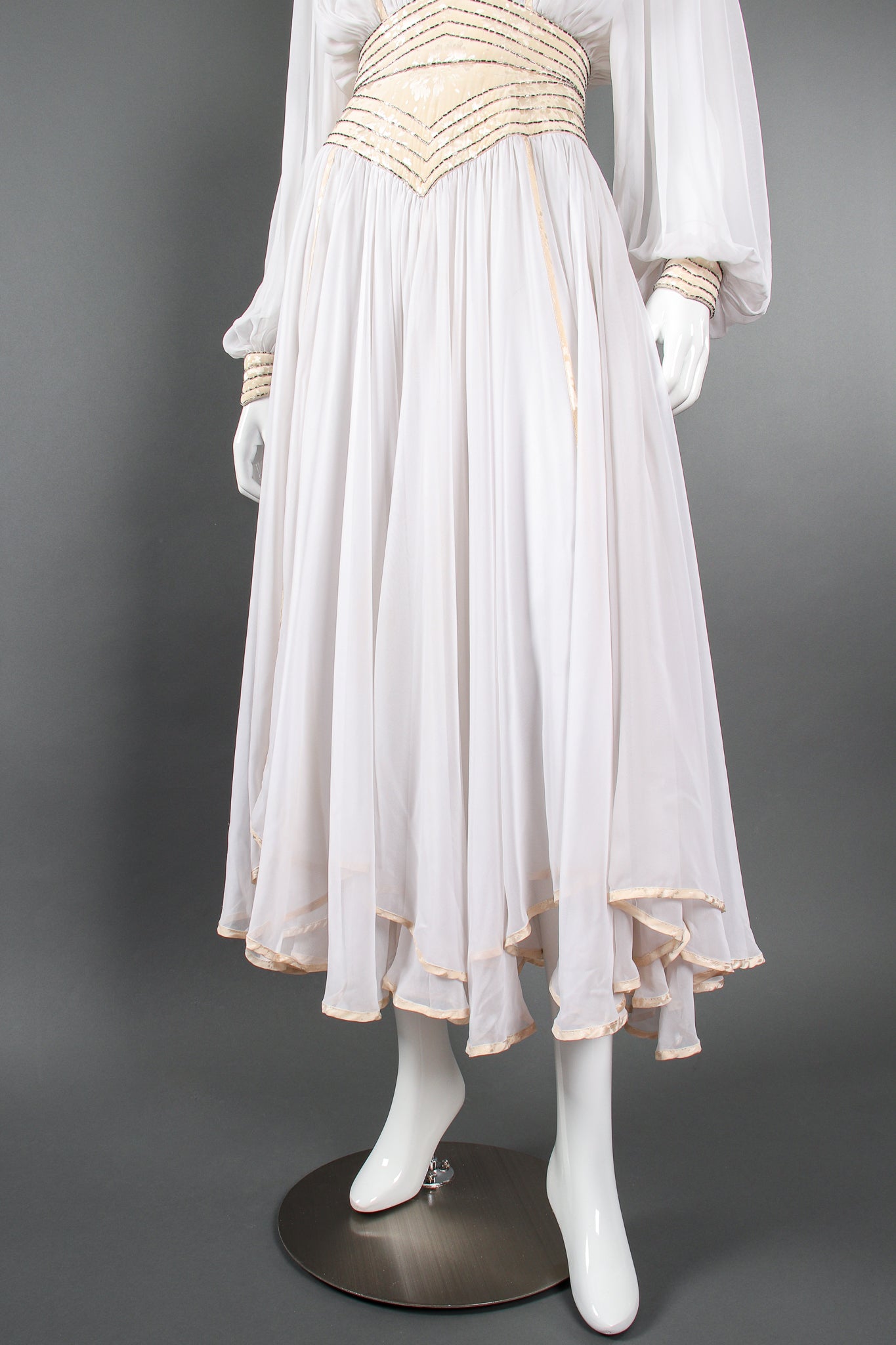 Vintage Wayne Clark Chiffon Balloon Sleeve Gown Wedding Bridal on Mannequin skirt at Recess LA